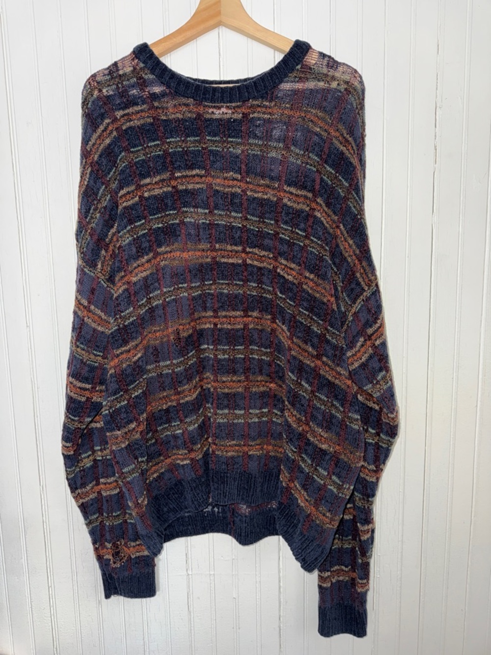 Vintage Geoffrey Beene Plaid Knit Sweater XXL Oversized Coaxial Grid Pullover